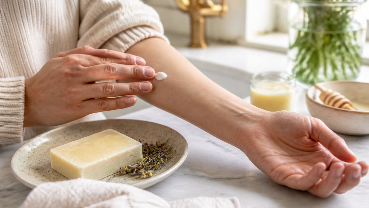 Close-up of a person's inner forearm with a small dab of cream being applied, soft natural lighting, clean bathroom counter with a small jar of handmade soap nearby