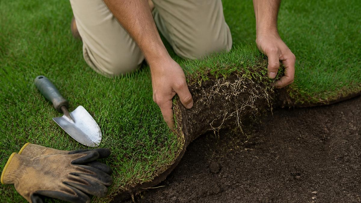 A homeowner kneeling on a freshly installed St. Augustine lawn, gently lifting a corner of sod to check for white roots gripping the soil, with a trowel and garden gloves nearby