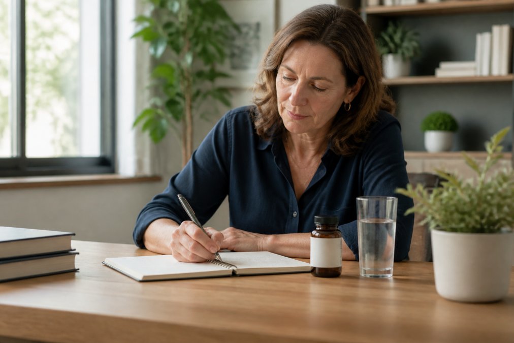 A woman in her mid-40s sitting at a clean wooden desk in a sunlit home office, writing in a notebook with a focused expression, a glass of water and a small supplement bottle near her elbow