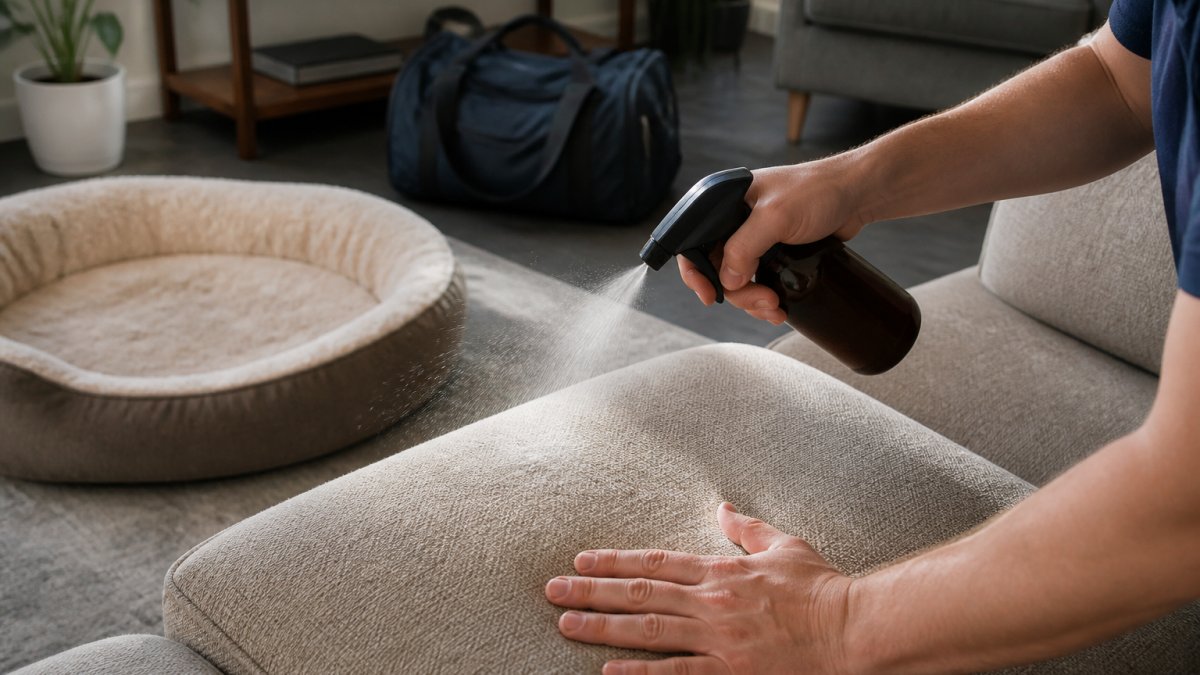 Close-up of hands spraying an unscented odor eliminator onto a fabric couch cushion in a bright living room, with a dog bed and gym bag visible in the background