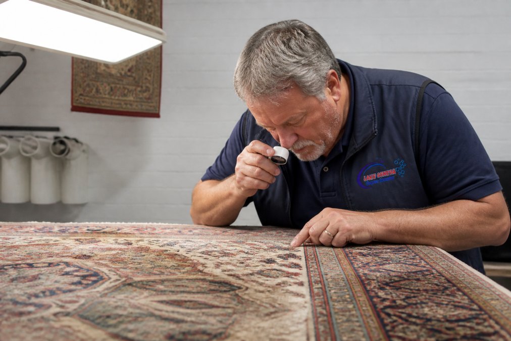 Professional technician carefully inspecting an oriental rug on a work table under bright lighting, examining fibers closely and noting stain locations and wear patterns