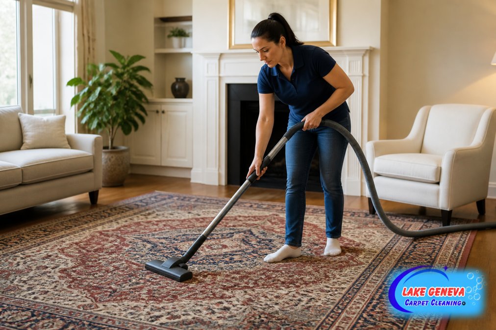 Homeowner vacuuming an oriental rug in a bright living room using proper technique, holding the vacuum at a low angle with gentle pressure, demonstrating careful maintenance