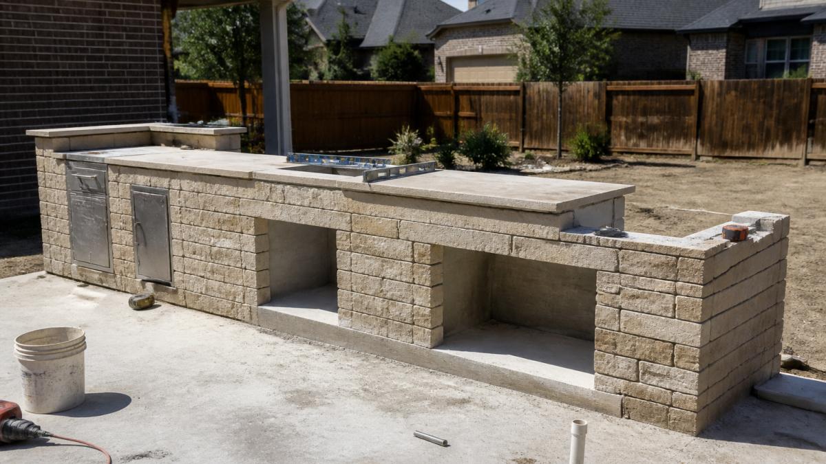 A backyard under construction with a partially built stone outdoor kitchen island, concrete foundation visible, tools and materials nearby, sunny day in a suburban neighborhood