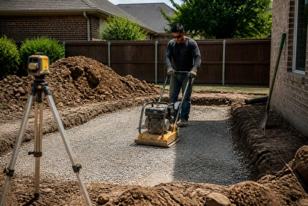 A hardscape crew in work clothes and safety glasses using a plate compactor on a gravel sub-base in a suburban backyard, with excavated soil piled nearby and a laser level on a tripod at the edge of the work area