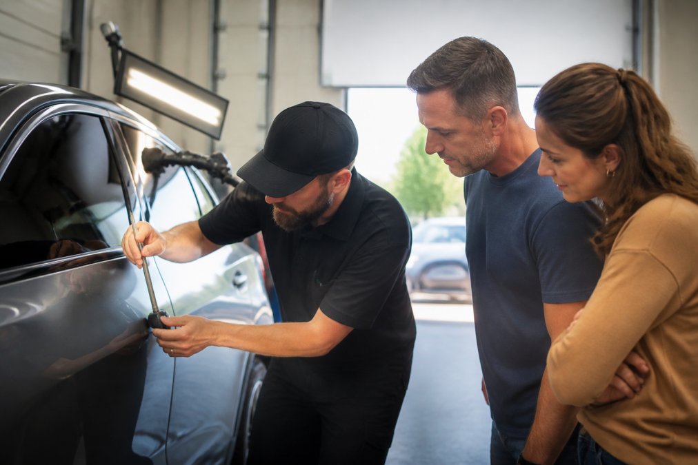 Certified technician examining hail dents on vehicle panel with specialized lighting and assessment tools, using precision measurement instruments in modern repair facility