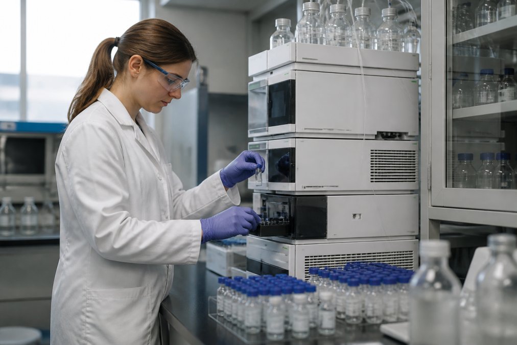 Laboratory technician working at HPLC instrument station with multiple analytical vials, computer monitors displaying chromatograms, and precision equipment in a modern research facility with controlled lighting