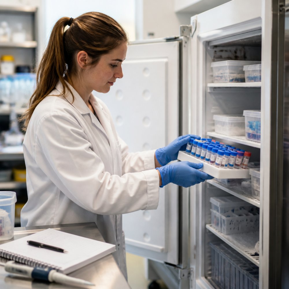 A laboratory researcher in a white coat carefully placing labeled peptide vials into a temperature-controlled freezer, with a notebook and pipette visible on the bench nearby