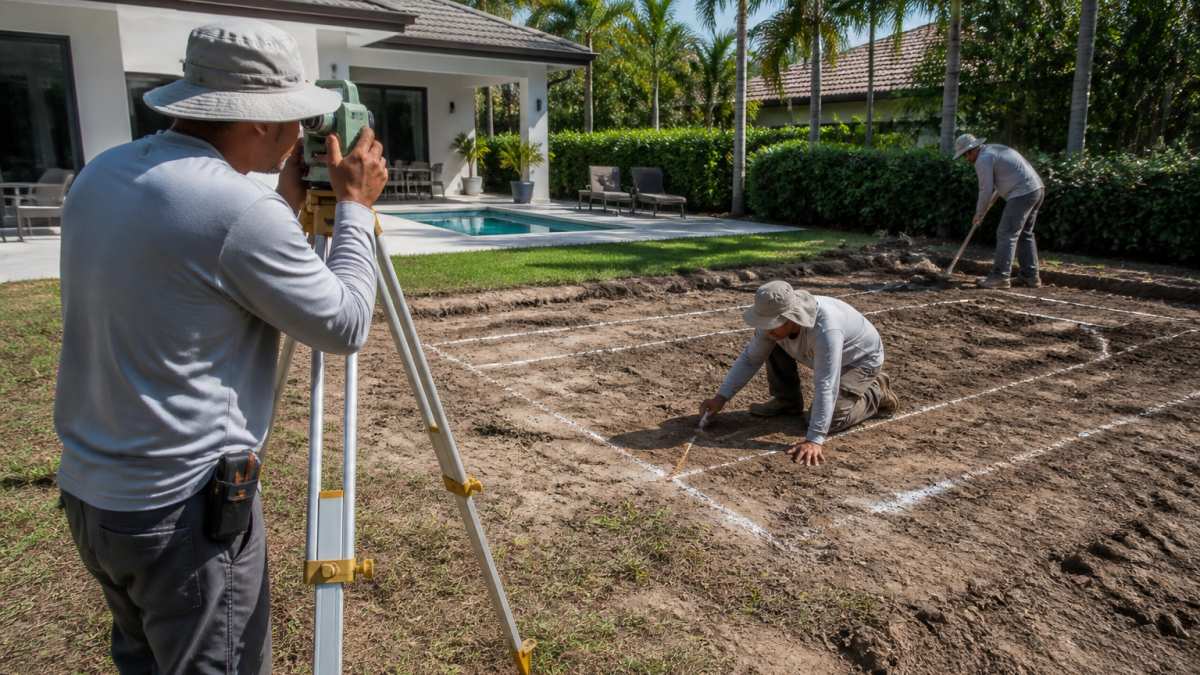 Construction crew preparing a residential backyard with surveying equipment, marking foundation areas with chalk, and clearing vegetation for pergola installation in bright Florida sunlight