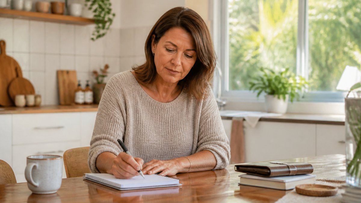 A woman in her late 40s sitting at a kitchen table with a notebook and pen, writing notes about her cycle and symptoms, soft morning light through the window