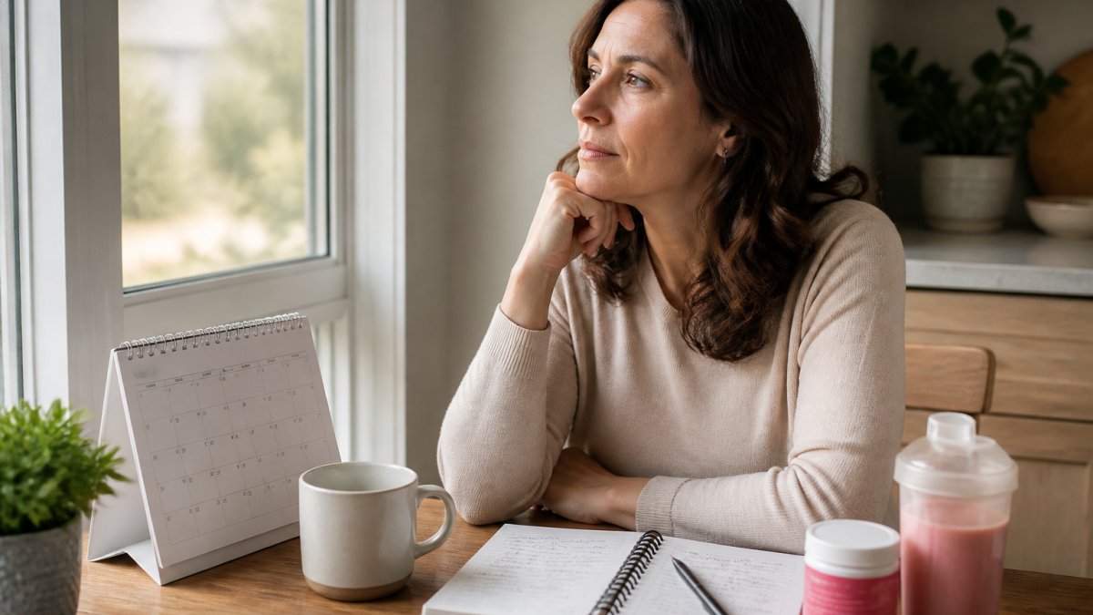 Woman in her mid-40s sitting by a window, looking thoughtful, with a calendar and symptom journal visible on a table beside her, natural morning light streaming through the glass