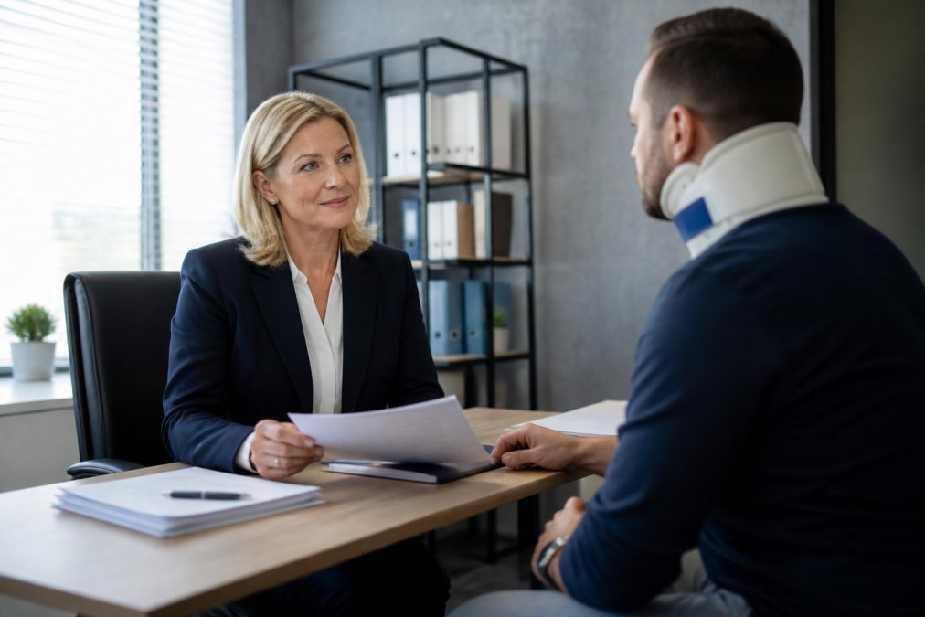 Solicitor discussing personal injury settlement time with a client in a modern office, reviewing legal documents together.