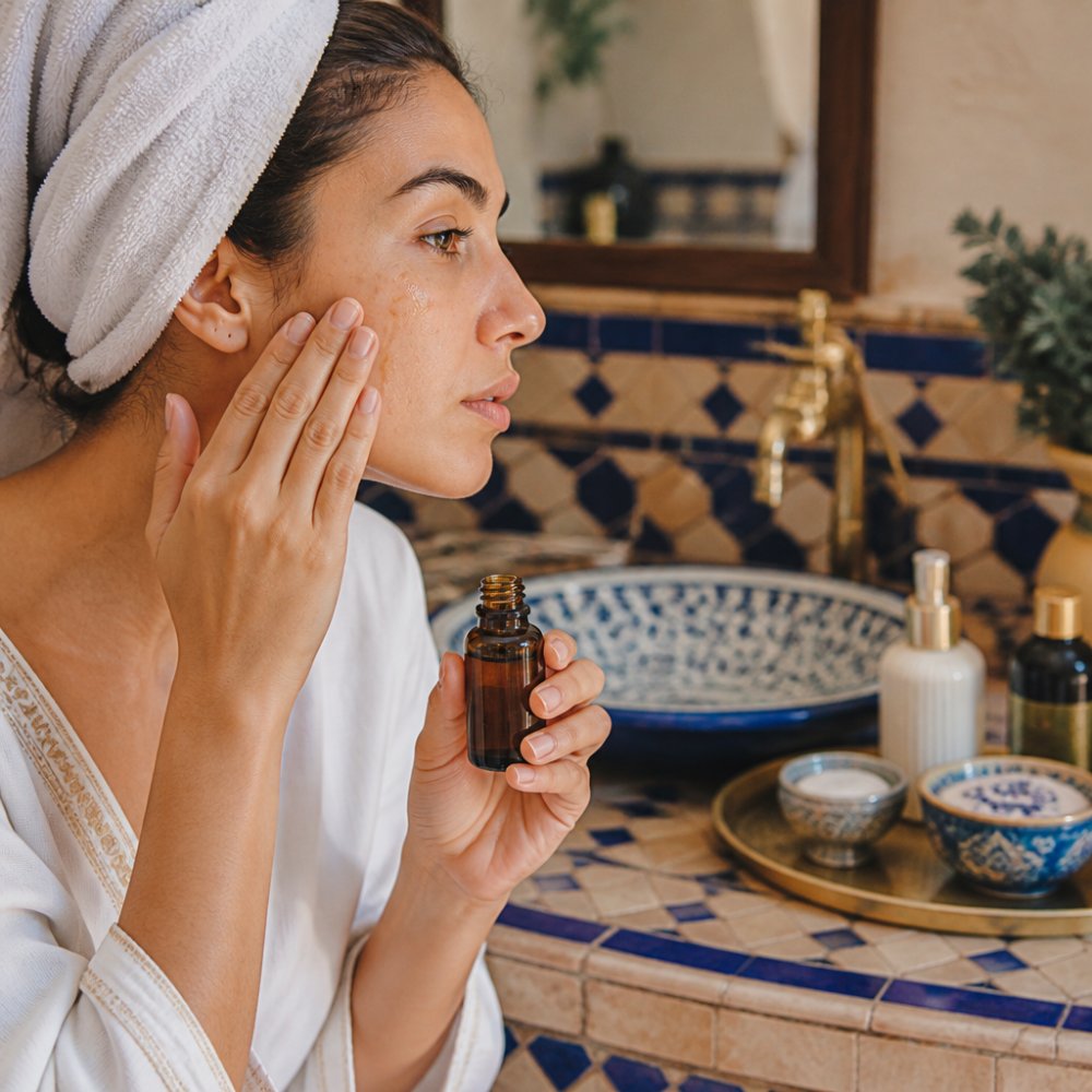 Close-up of a woman's hands gently pressing a few drops of golden argan oil into her cheek and jawline, soft natural light, bathroom vanity setting with a small amber glass bottle nearby