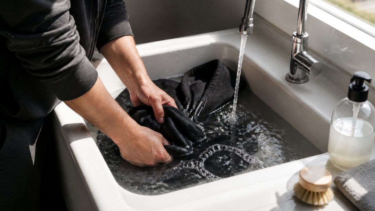 Hands carefully washing a premium streetwear hoodie inside-out in cold water with mild detergent, water running gently over the fabric in a white sink with natural morning light