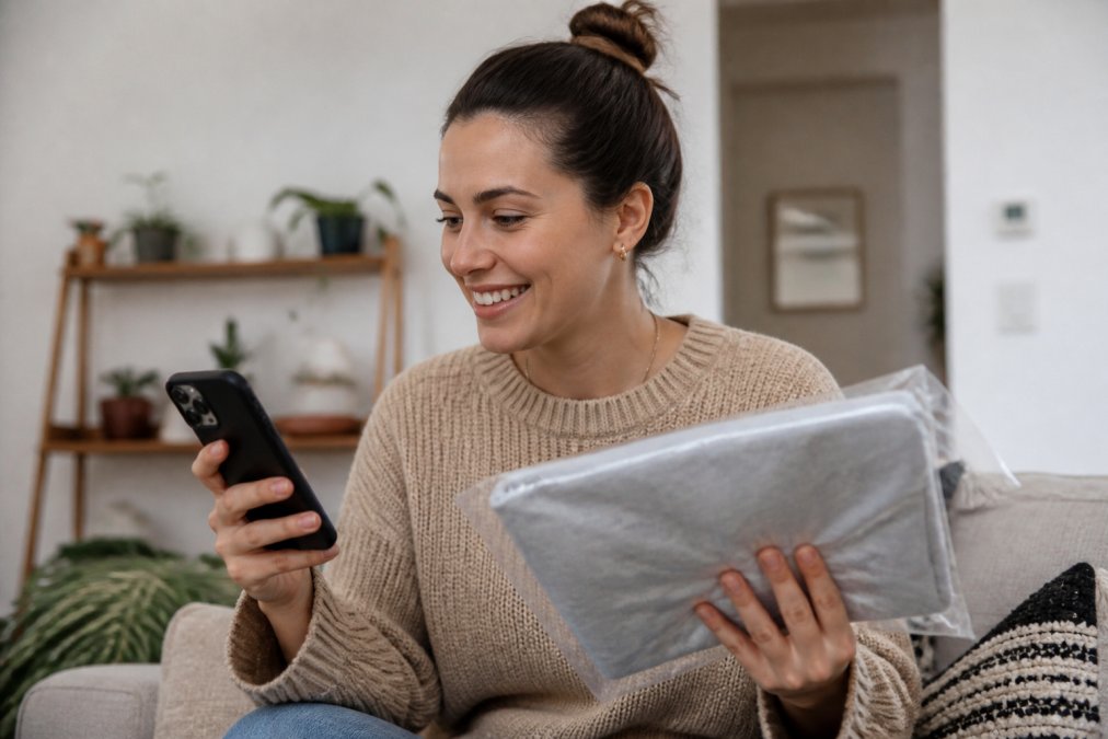 Person checking their order status on a smartphone while holding a packaged graphic tee with satisfaction