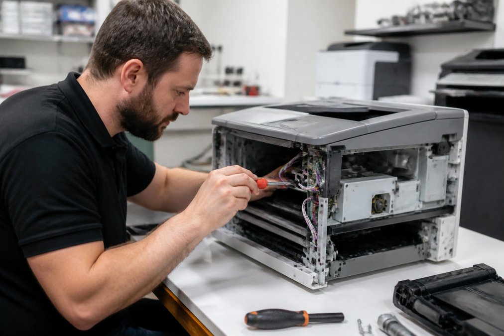 Professional technician examining internal components of a laser printer with precision tools and diagnostic equipment in a bright workshop setting
