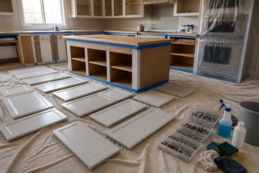 Professional workspace with cabinet doors removed and laid flat on protective coverings, hardware organized in labeled containers, masking tape applied to countertops and appliances, drop cloths covering the floor, and cleaning supplies visible