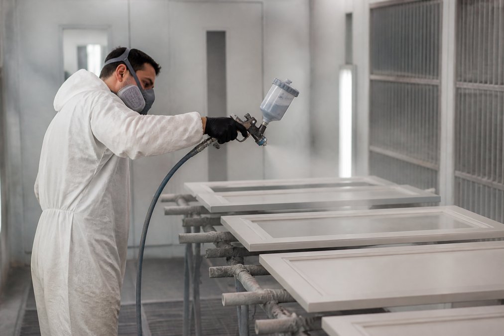 Professional painter applying finish to cabinet doors using spray equipment in well-ventilated workspace, demonstrating even coating technique with proper stance and equipment positioning