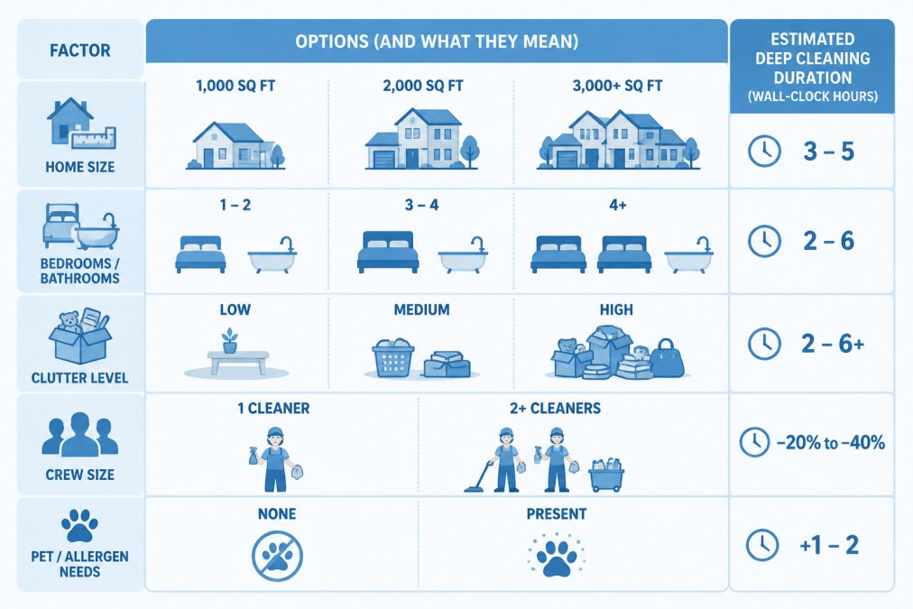 Comparison matrix showing how home size (1,000 sq ft vs 2,000 sq ft vs 3,000+ sq ft), number of bedrooms/bathrooms (1-2 vs 3-4+), clutter level (low/medium/high), crew size (1 vs 2+ cleaners), and pet/allergen needs (none vs present) affect estimated deep cleaning duration in wall-clock hours
