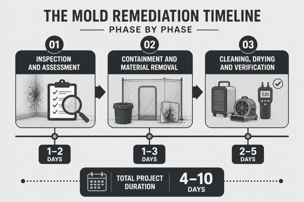 Timeline showing three remediation phases with day ranges: Inspection and Assessment (1-2 days), Containment and Material Removal (1-3 days), Cleaning, Drying and Verification (2-5 days), total range 4-10 days