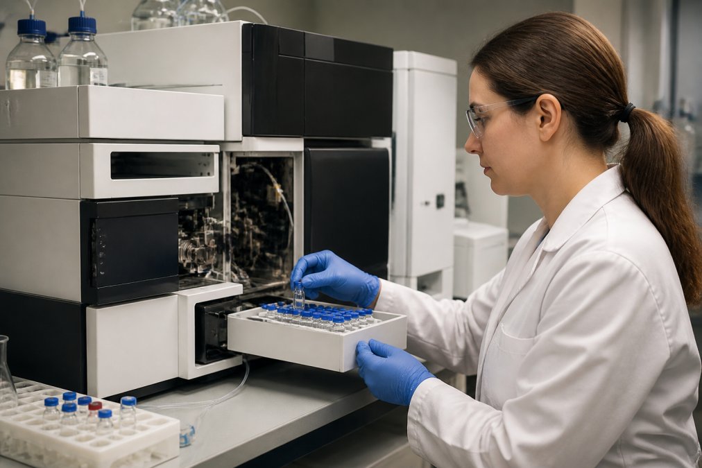 Professional laboratory technician operating an HPLC chromatography instrument with sample vials and digital display visible in a modern research facility with controlled lighting