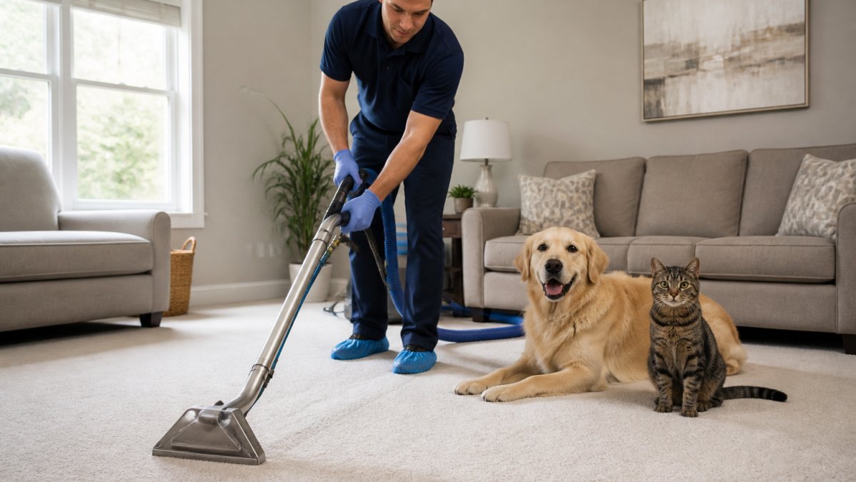 Technician using a cleaning wand on carpet during a pet odor removal appointment with pets nearby