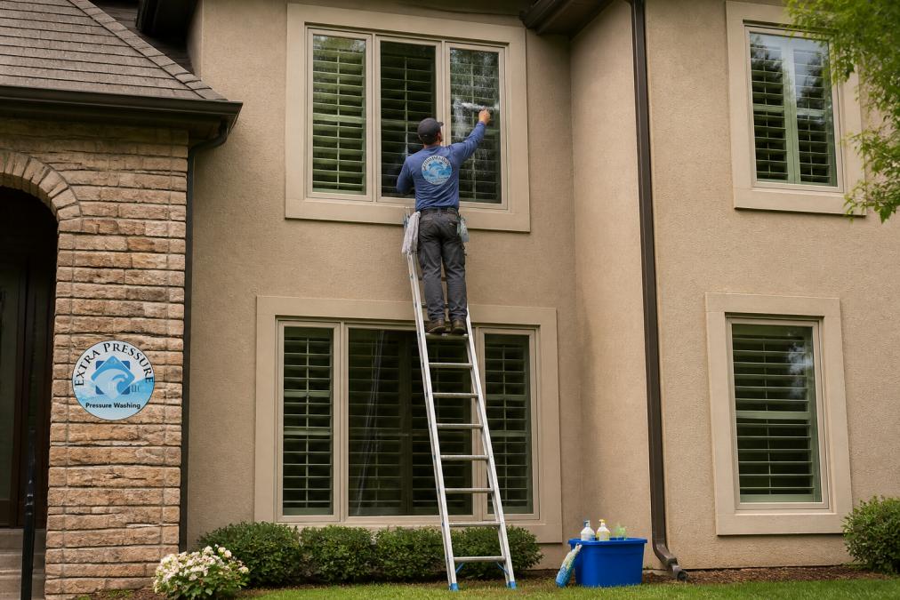 A professional window cleaner on a ladder using a squeegee on a two-story home's exterior window, with a bucket and cleaning supplies visible on the ground nearby