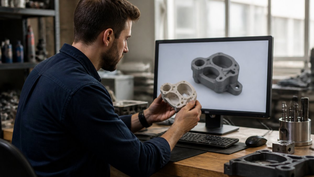 Designer holding a 3D printed prototype while reviewing a CAD model on a computer screen in a workshop