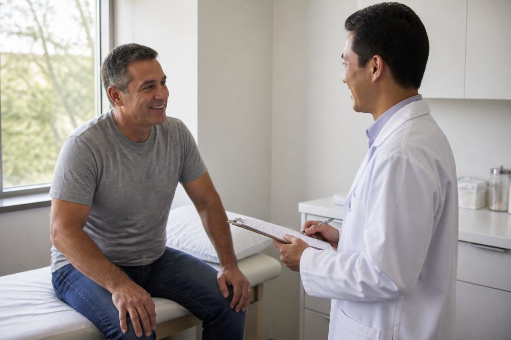 A middle-aged patient sitting on an exam table in a modern, bright clinic, smiling while talking with a physician who holds a clipboard, natural window light illuminating the scene