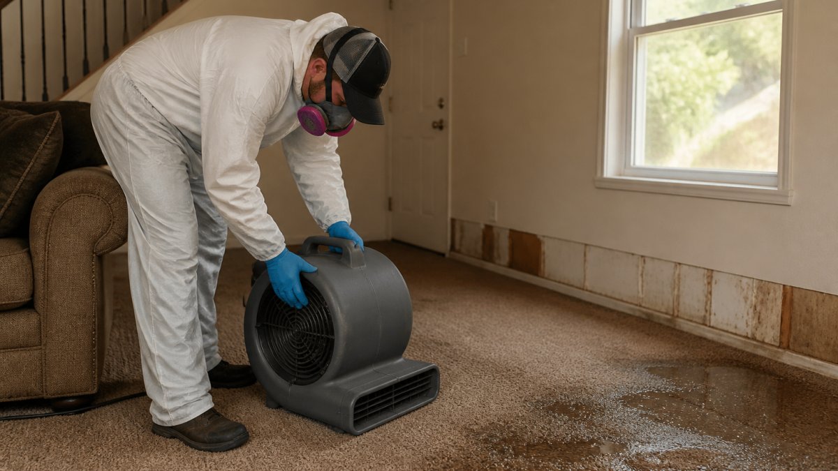 A restoration technician in protective gear setting up an industrial air mover in a water-damaged living room, wet carpet and baseboards visible, natural afternoon light through a window