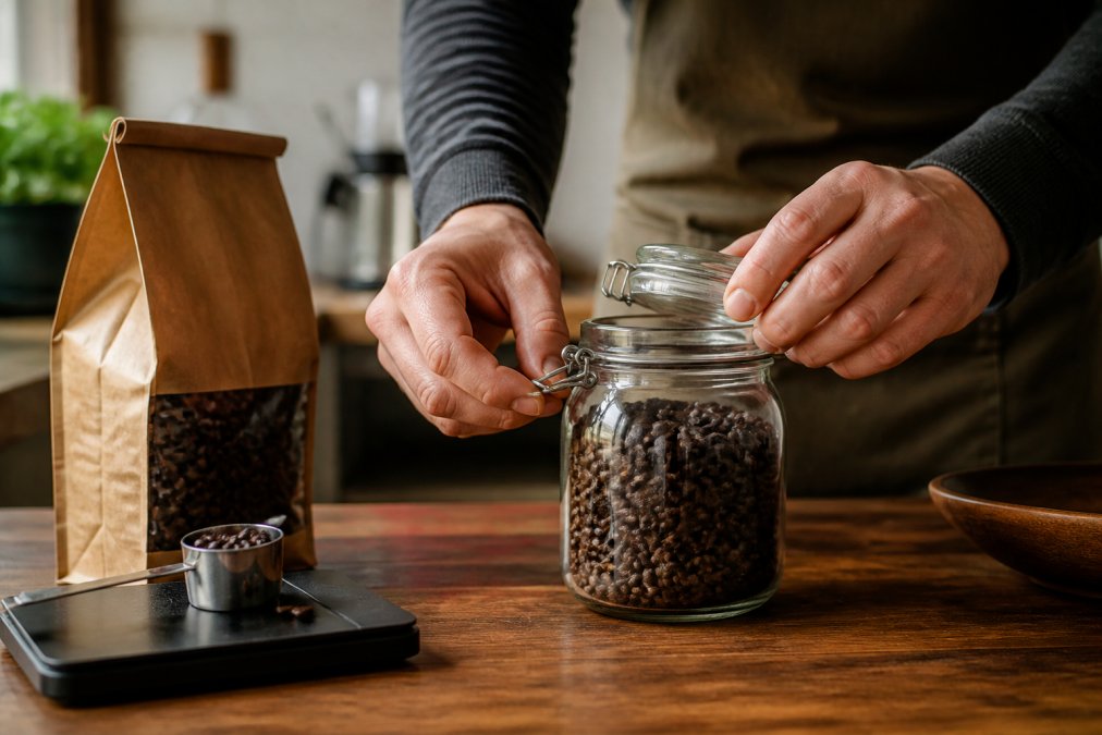 Hands sealing fresh coffee beans into an airtight glass jar to ensure you know how long does roasted coffee stay fresh