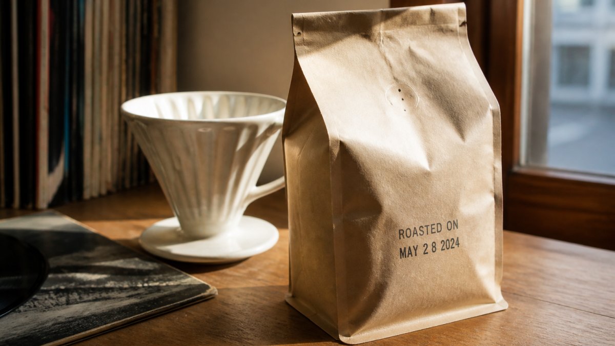 Kraft coffee bag with a roast date stamp next to a pour-over dripper and vinyl record on a sunlit wooden counter