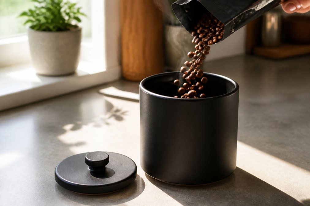 Close-up of whole coffee beans being poured into a matte black airtight ceramic canister on a clean kitchen counter, with natural morning light streaming in from a nearby window