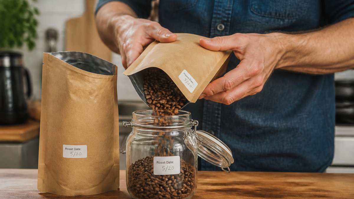 Hands carefully transferring roasted coffee beans from an opened bag into an airtight glass container on a kitchen counter, with a roast date label visible on both the original bag and the container