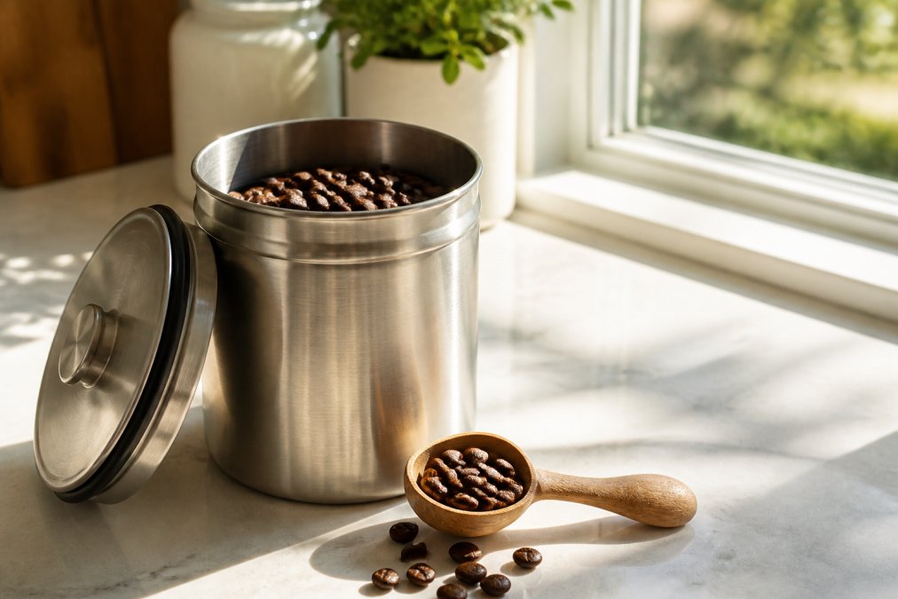 A stainless steel, airtight coffee canister with a lid off, sitting on a kitchen counter next to a small wooden scoop filled with whole coffee beans, soft morning sunlight streaming through a nearby window