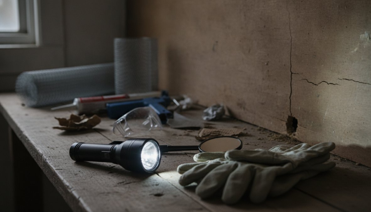 Pest control professional inspecting foundation cracks and exterior gaps around a residential home using a flashlight, examining entry points near the base of wooden siding and around pipe penetrations