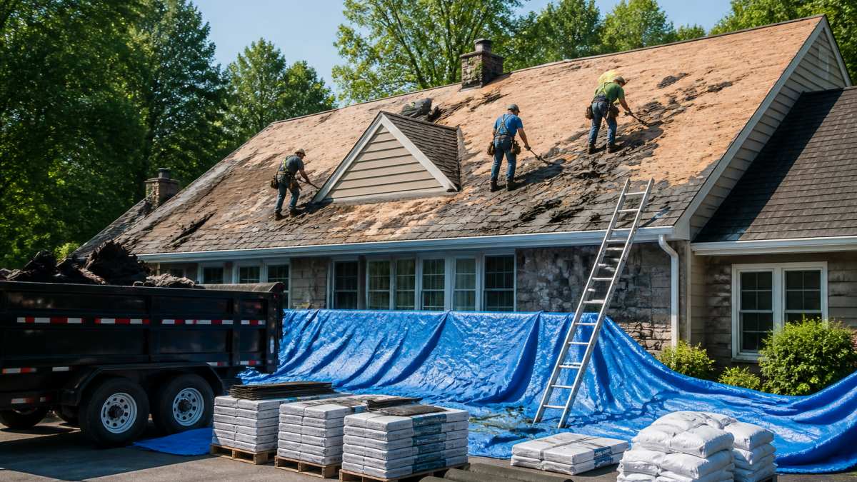 Professional roofing crew removing old asphalt shingles from residential roof during tear-off phase, with materials staged on ground below and safety equipment visible