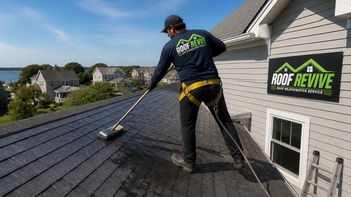 A licensed technician in safety gear applying a liquid treatment to an asphalt shingle roof on a two-story home, with a ladder and soft-bristle equipment visible, bright daylight, suburban neighborhood in the background