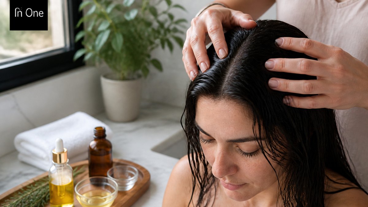 Hands gently massaging diluted botanical oil into a dark-haired scalp in a bright bathroom