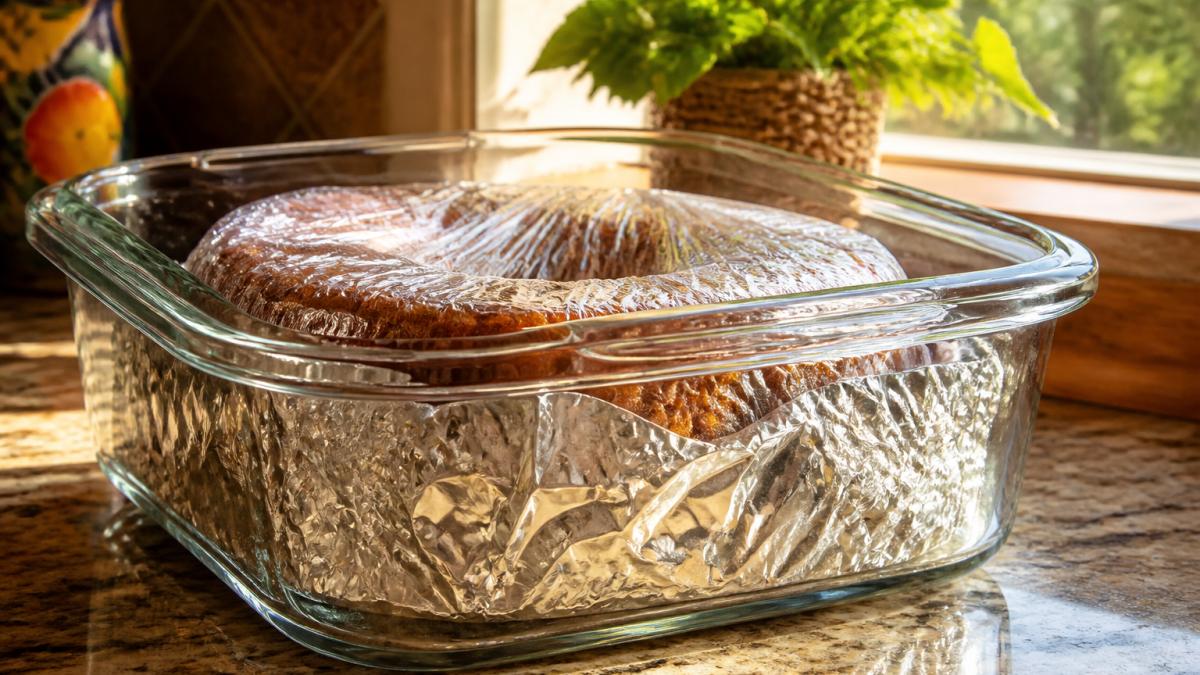 Close-up of a rum cake wrapped in plastic wrap and aluminum foil inside an airtight glass container on a kitchen counter with warm natural light