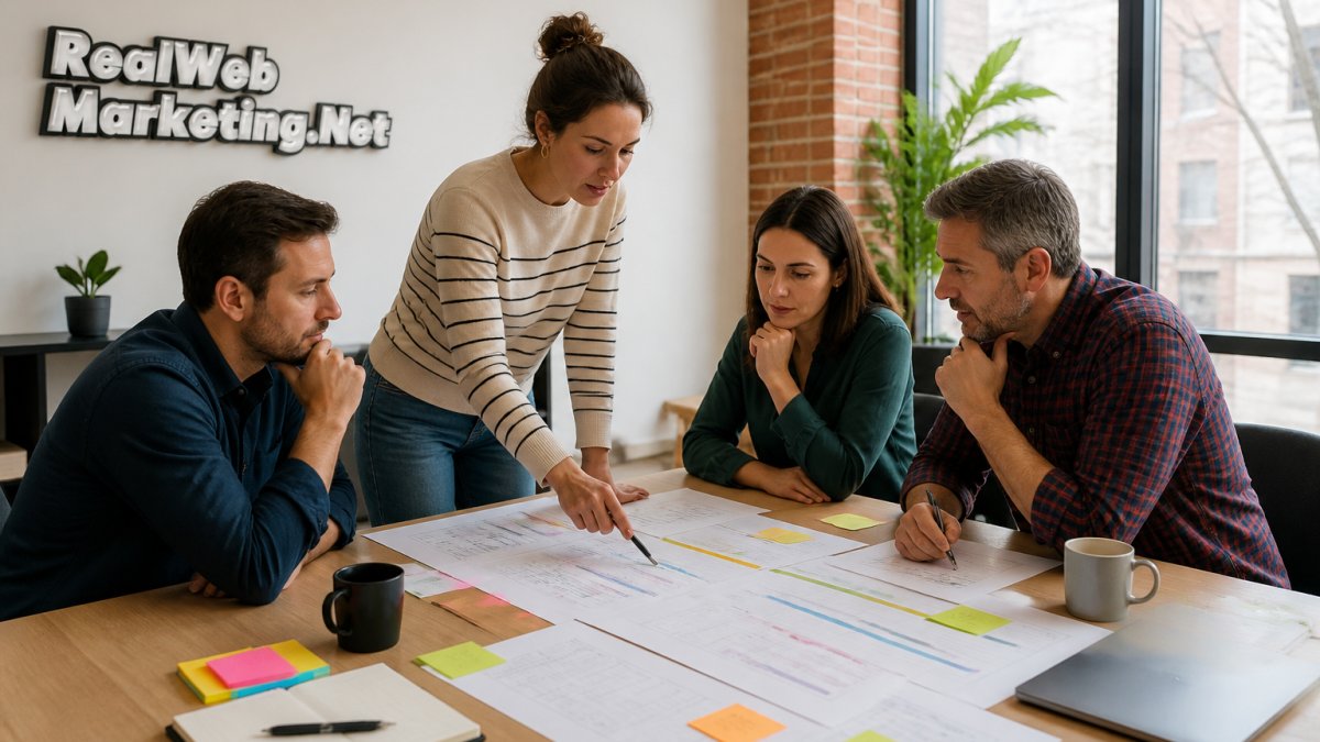 Marketing team reviewing monthly SEO performance data on a monitor to see how long does SEO take to work