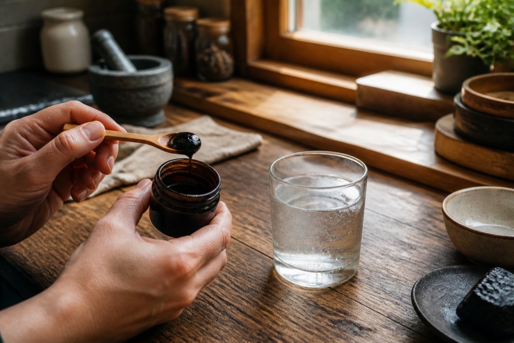 Close-up of hands holding a small amber jar of dark shilajit resin with a wooden spoon, next to a glass of warm water on a rustic wooden kitchen counter, soft morning light through a window