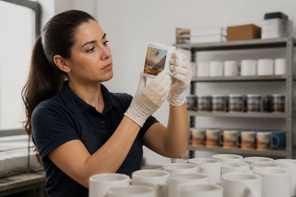 Professional carefully inspecting a freshly printed ceramic mug under bright studio lighting, examining the design quality and color accuracy with focused attention to detail