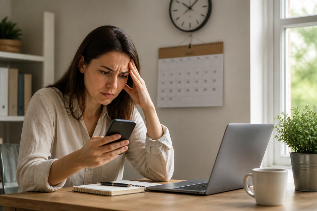 Frustrated customer sitting at desk looking at phone and computer screen, with a calendar and clock visible in the background, natural window lighting