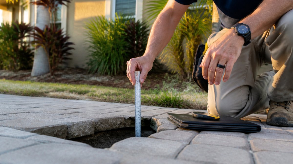 Professional geotechnical engineer examining ground surface with measuring tools and assessment equipment at residential property, documenting sinkhole damage and surrounding soil conditions in natural daylight