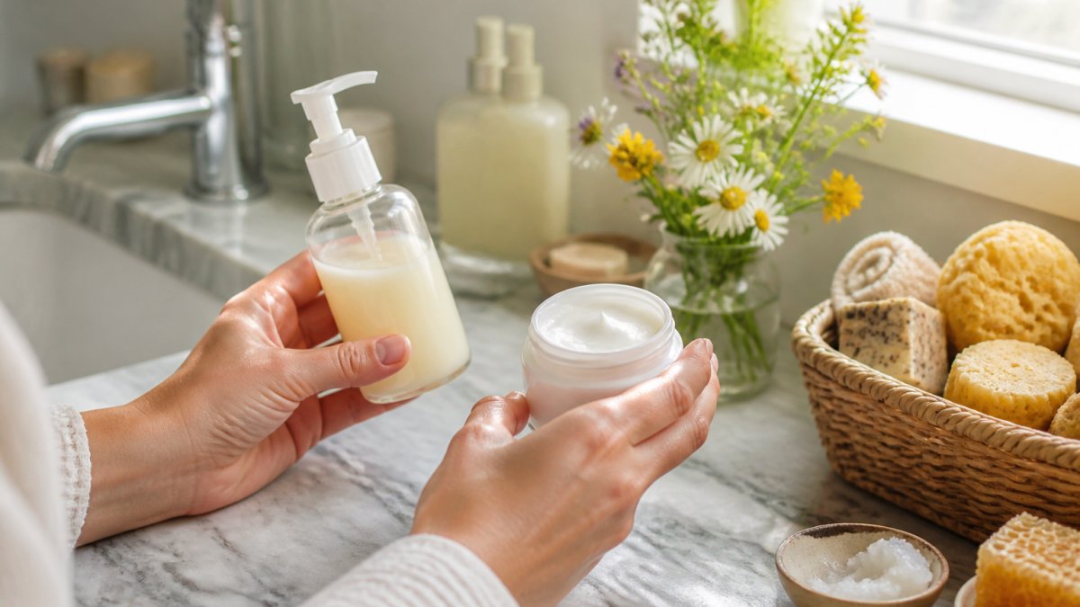 Close-up of hands holding a gentle cleanser bottle and barrier-supporting moisturizer, with soft natural light streaming through a bathroom window