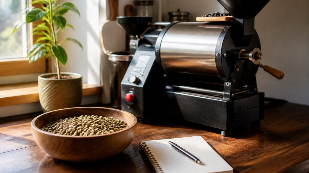 A home coffee roaster setup on a kitchen counter with a drum roaster, green coffee beans in a bowl, and a notebook for tracking roast times, warm morning light through a window