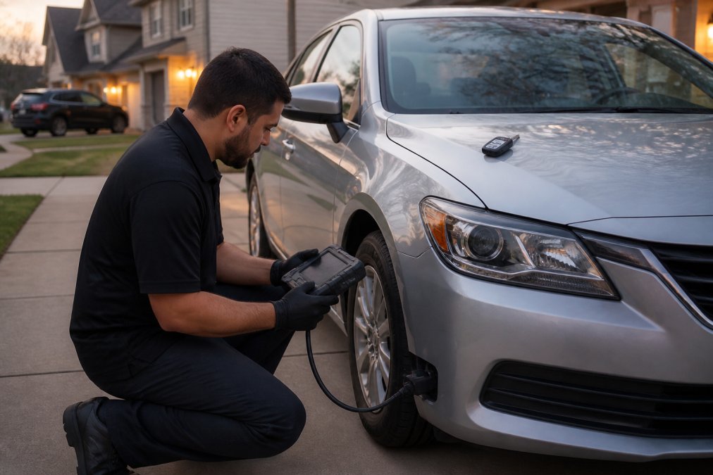 A locksmith technician kneeling beside a silver sedan in a suburban driveway at dusk, holding a handheld programming device connected to the car's OBD port, with a key fob resting on the hood nearby
