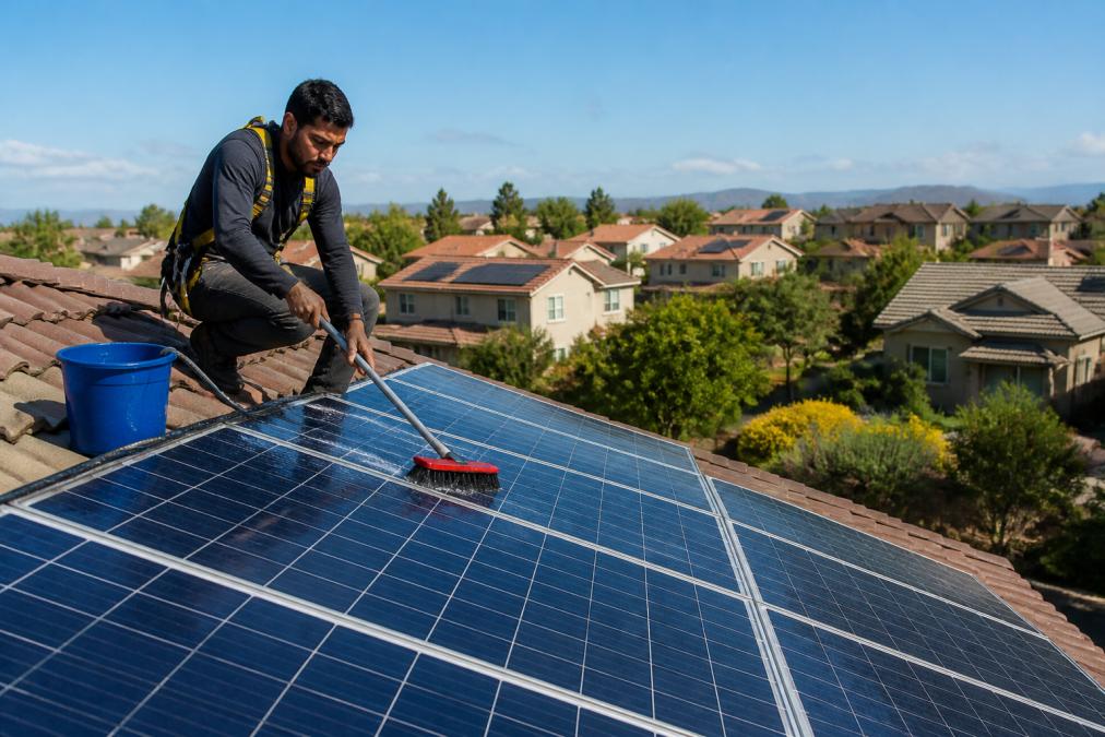 A professional cleaner on a residential roof using a soft-bristle brush on solar panels, wearing a safety harness, with a bucket of deionized water nearby