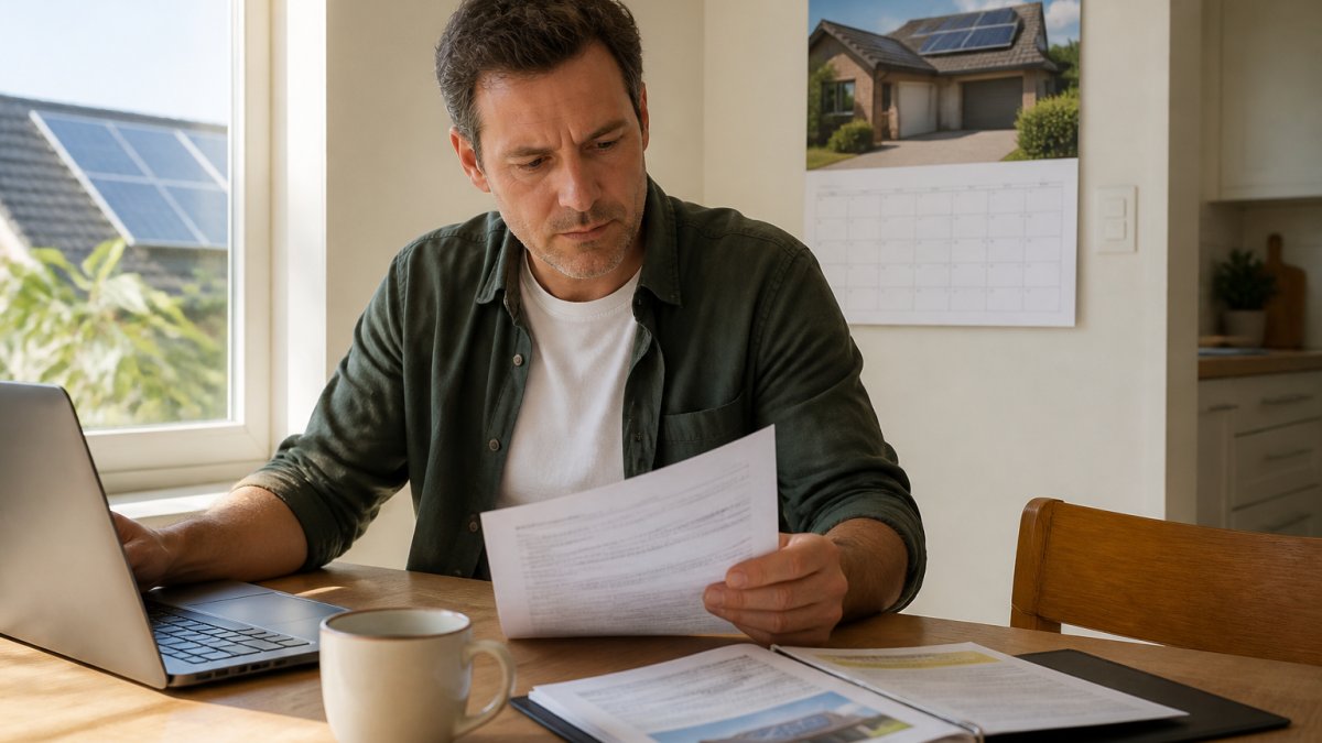 A homeowner reviewing a solar rebate application on a laptop at a kitchen table, with a wall calendar and a folder of paperwork beside a coffee mug, soft morning light through a window