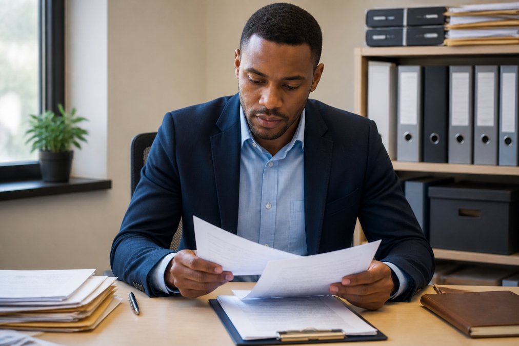 Professional in business casual attire reviewing application documents and forms at a desk with a computer and filing system, representing the SORA application submission process